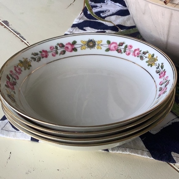 Four Limoges France Pink Flowers Gold Rim Bowls - Picture 1 of 6